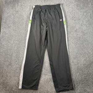 Champion Track Pants Mens Medium Gray White Green Athletic Side Stripe Logo